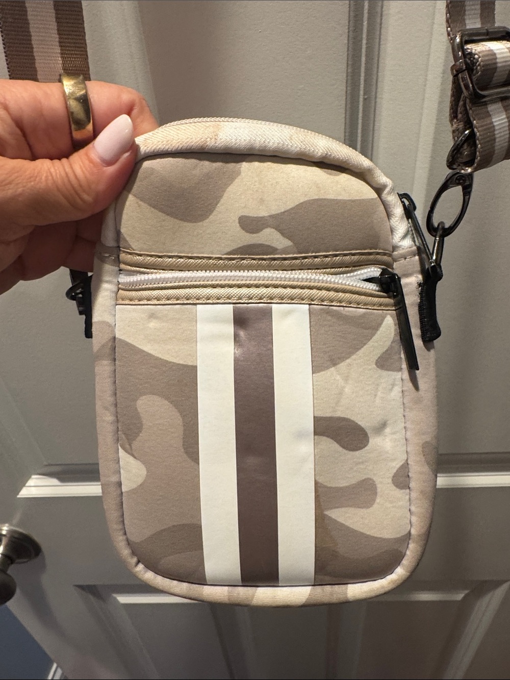 HAUTE SHORE Beige Camo Crossbody with White and Brown Stripe